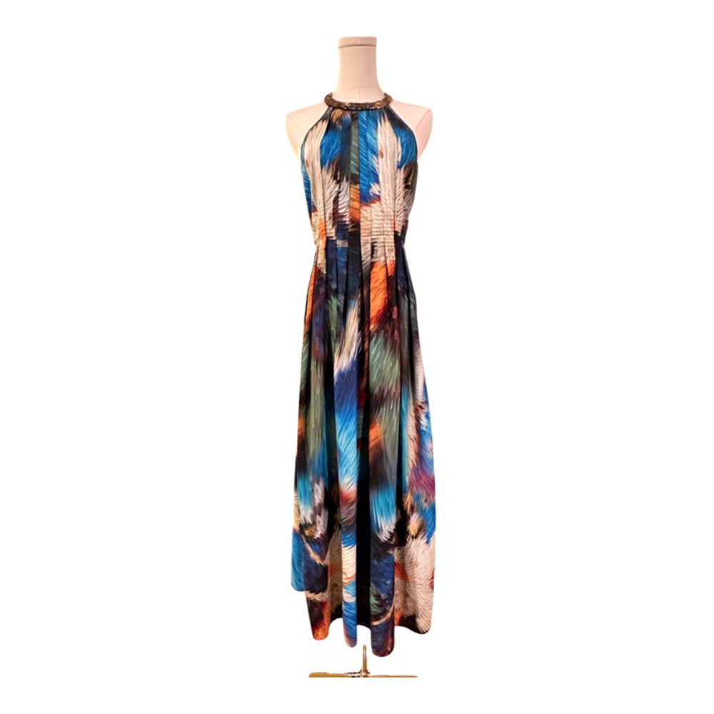 Ranna Gill Tropicalia Beaded Halter Pleated Satin Maxi Dress Small Semi Formal